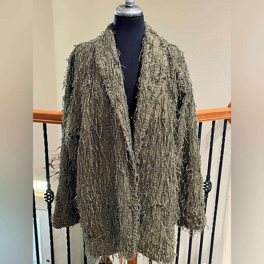 CAR POOL COUTURE Unique Olive Green FRINGE, ART TO WEAR Jacket, WOMEN SIZE M-XL